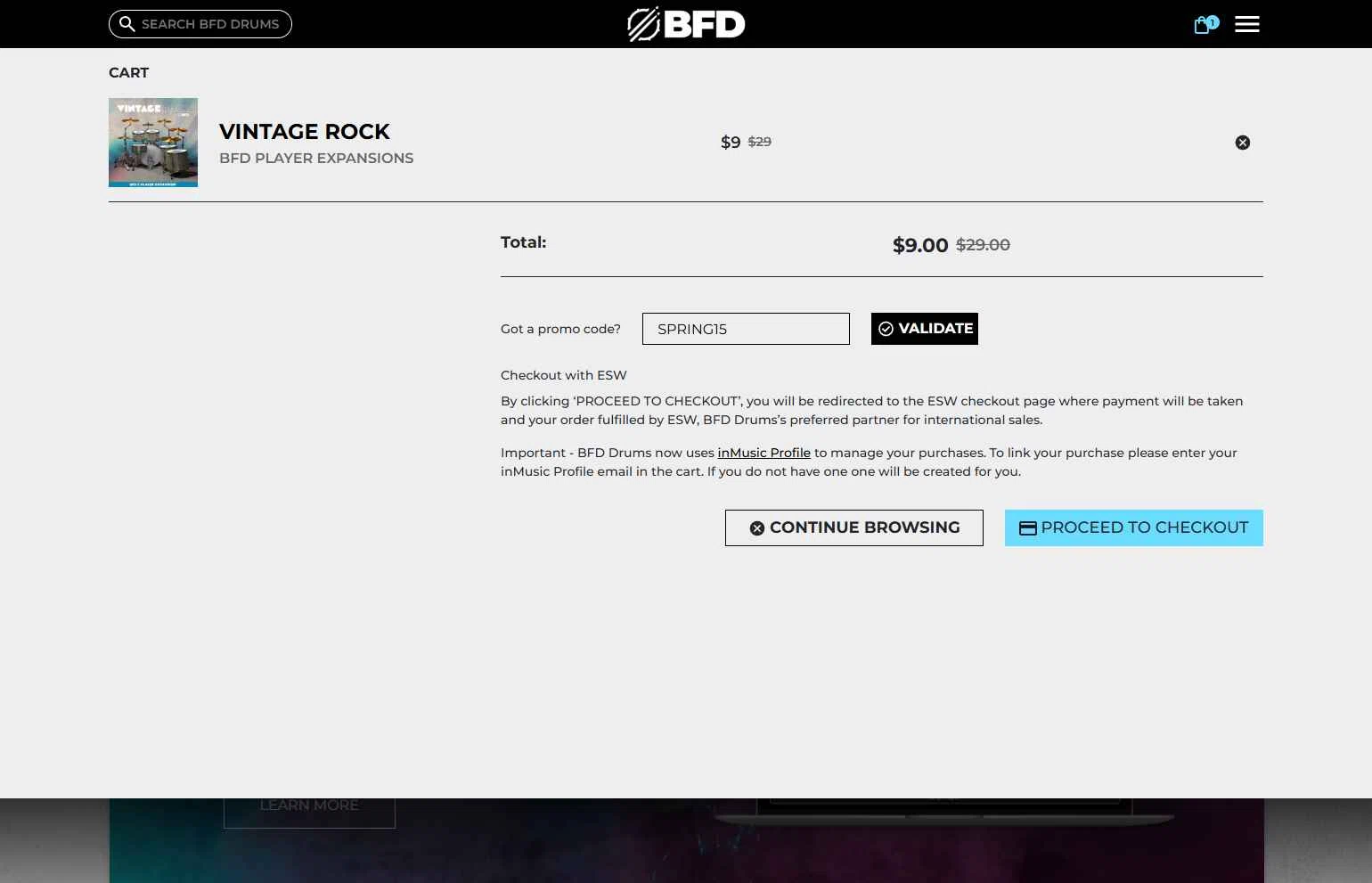 BFD Drums checkout page showing BFD Drums promo code box | Screenshot taken by SimplyCodes community member on Nov 26, 2025