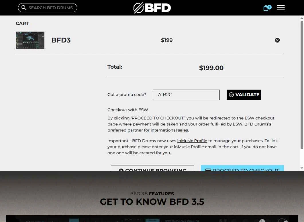 BFD Drums checkout page showing BFD Drums promo code box | Screenshot taken by SimplyCodes community member on Sep 14, 2025