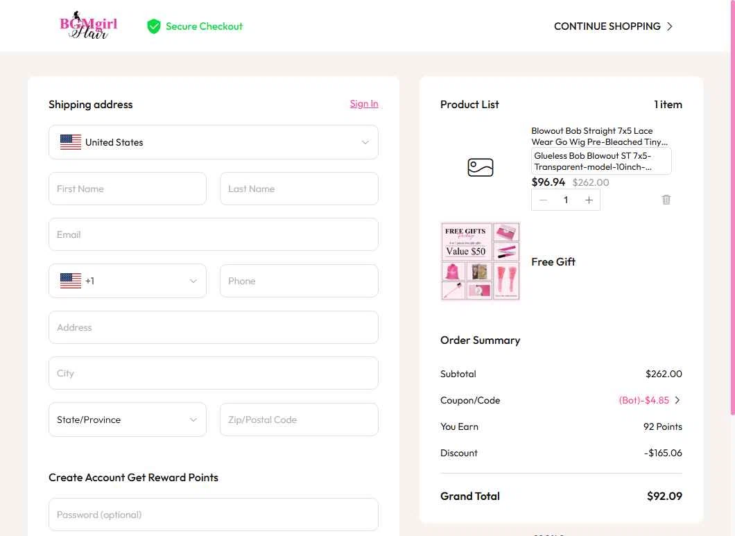 BGMgirl checkout page showing BGMgirl coupon code box | Screenshot taken by SimplyCodes community member on Dec 16, 2025