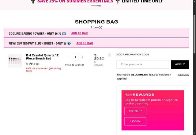 BH Cosmetics checkout page showing BH Cosmetics coupon code box | Screenshot taken by SimplyCodes community member on Jul 4, 2025