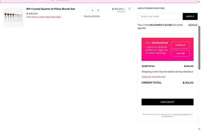 BH Cosmetics checkout page showing BH Cosmetics coupon code box | Screenshot taken by SimplyCodes community member on Aug 2, 2025