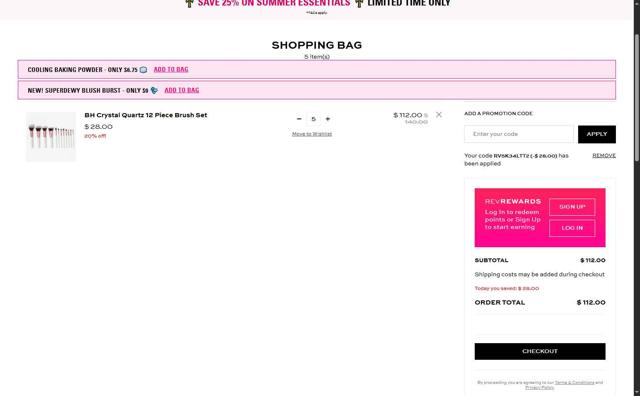 BH Cosmetics checkout page showing BH Cosmetics coupon code box | Screenshot taken by SimplyCodes community member on Jul 4, 2025