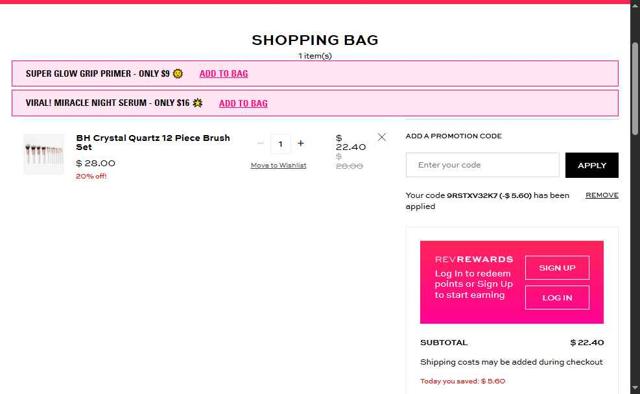 BH Cosmetics checkout page showing BH Cosmetics coupon code box | Screenshot taken by SimplyCodes community member on Aug 4, 2025
