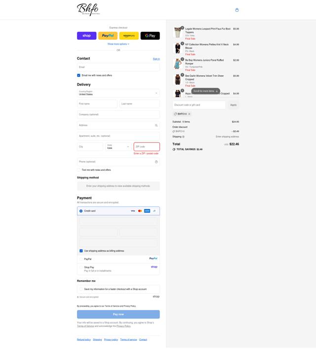 BHFO checkout page showing BHFO coupon code box | Screenshot taken by SimplyCodes community member on Sep 12, 2025