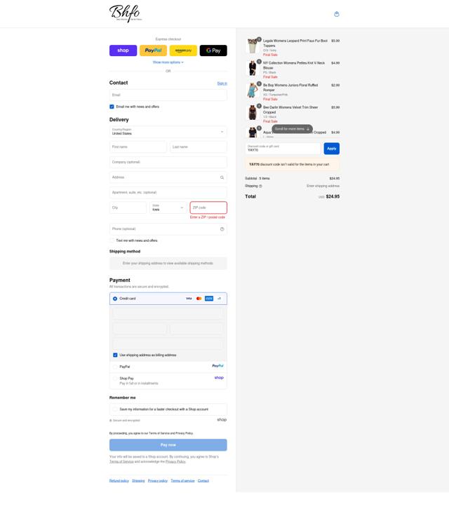 BHFO checkout page showing BHFO coupon code box | Screenshot taken by SimplyCodes community member on Sep 12, 2025