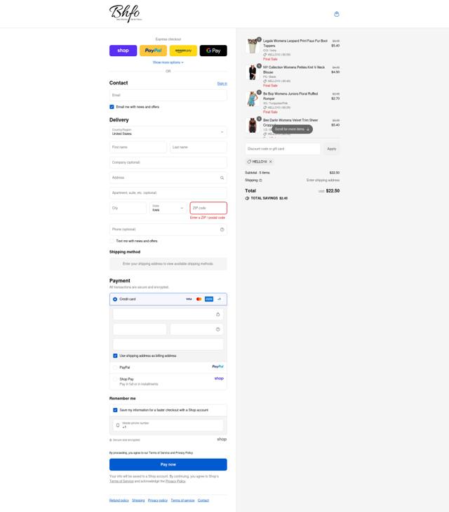 BHFO checkout page showing BHFO coupon code box | Screenshot taken by SimplyCodes community member on Sep 12, 2025