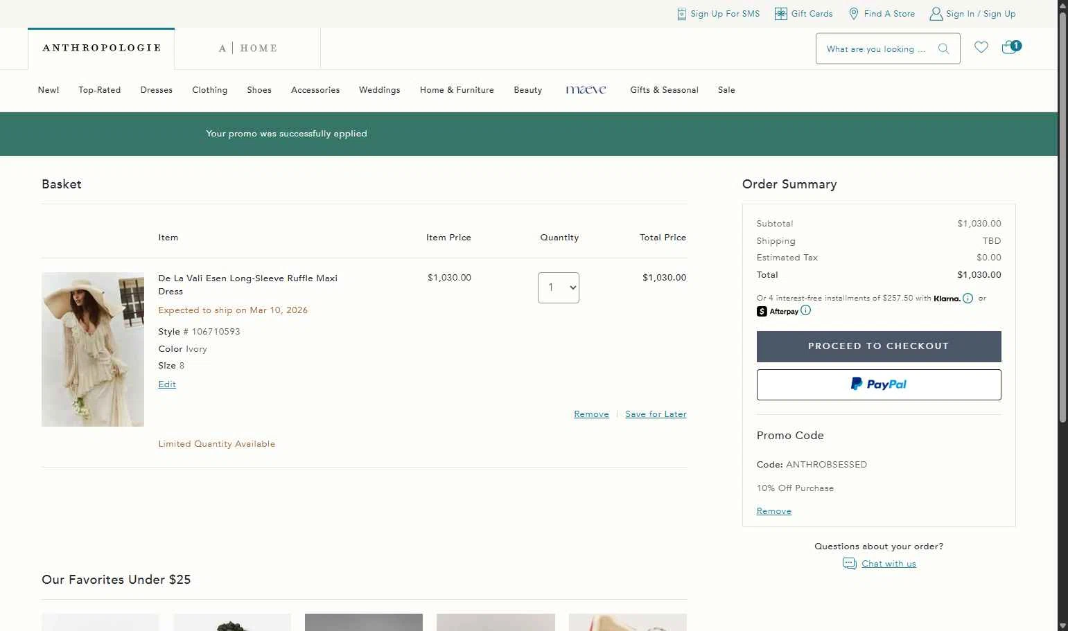 BHLDN checkout page showing BHLDN promo code box | Screenshot taken by SimplyCodes community member on Feb 23, 2026
