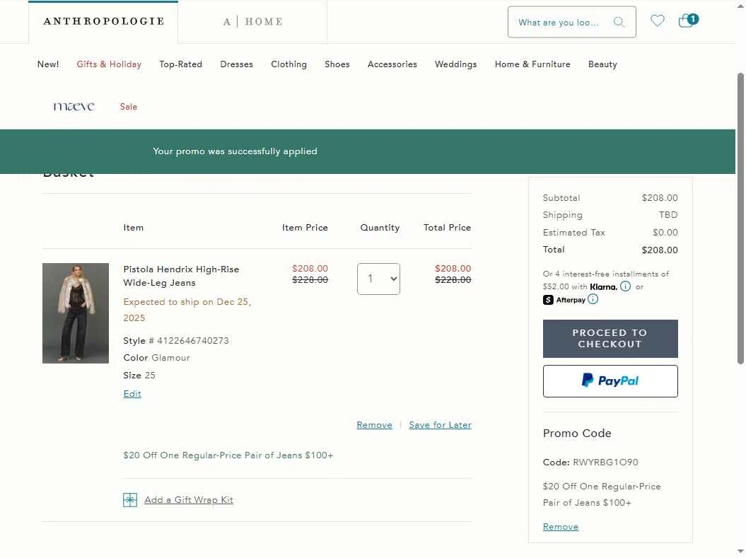 BHLDN checkout page showing BHLDN promo code box | Screenshot taken by SimplyCodes community member on Dec 3, 2025