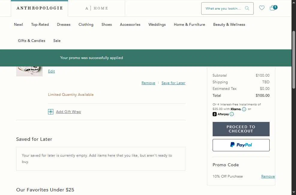 BHLDN checkout page showing BHLDN promo code box | Screenshot taken by SimplyCodes community member on May 10, 2025