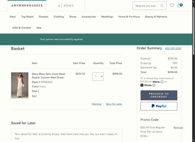 BHLDN checkout page showing BHLDN promo code box | Screenshot taken by SimplyCodes community member on May 17, 2025