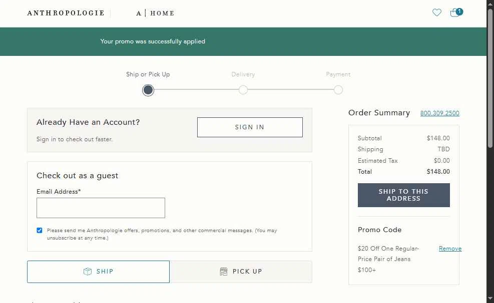 BHLDN checkout page showing BHLDN promo code box | Screenshot taken by SimplyCodes community member on May 17, 2025