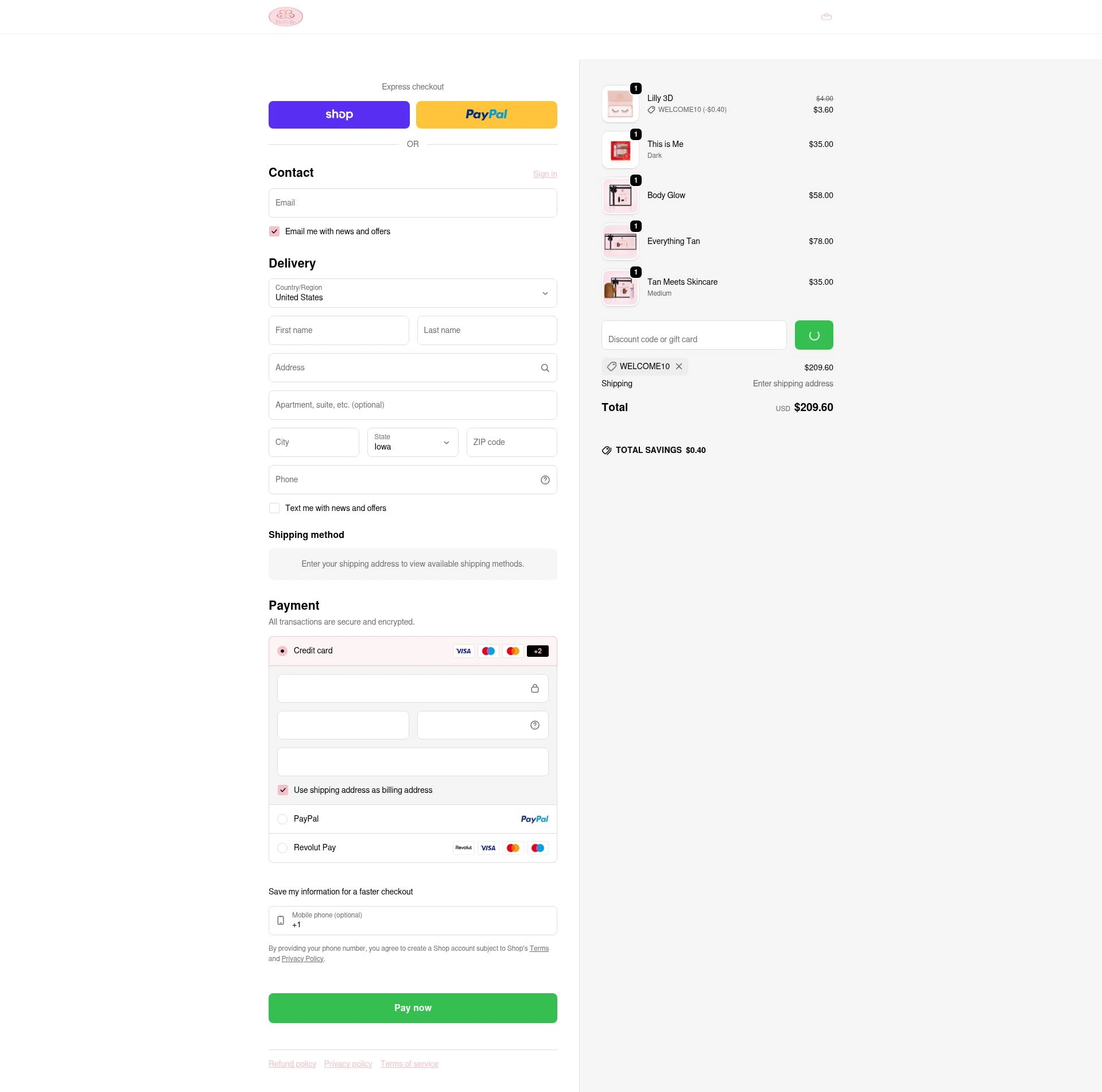 BiaBelle Beauty Cosmetics checkout page showing BiaBelle Beauty Cosmetics promo code box | Screenshot taken by SimplyCodes community member on Feb 9, 2026