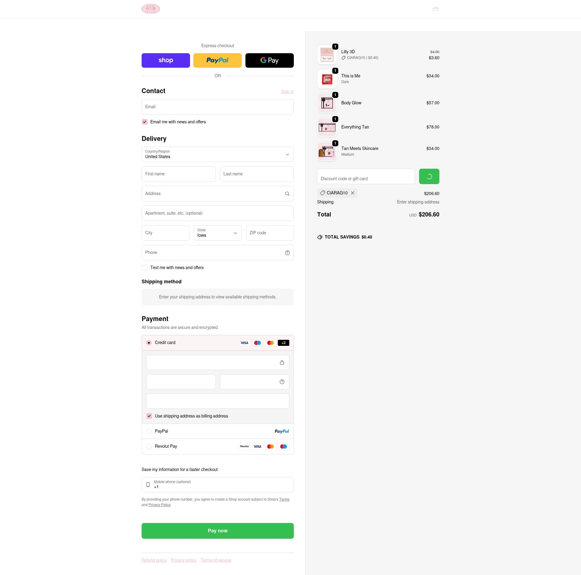 BiaBelle Beauty Cosmetics checkout page showing BiaBelle Beauty Cosmetics promo code box | Screenshot taken by SimplyCodes community member on Feb 5, 2026