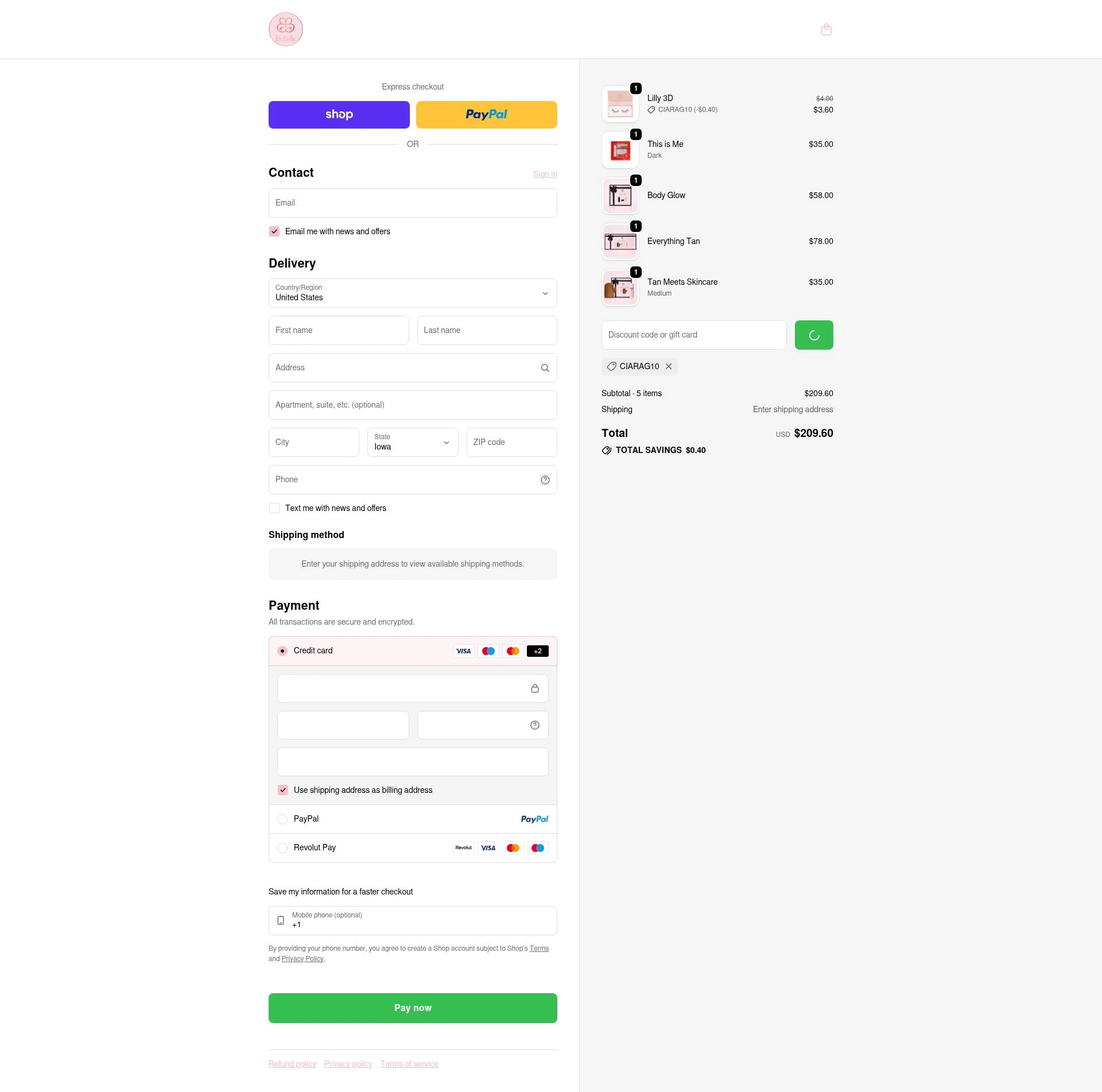 BiaBelle Beauty Cosmetics checkout page showing BiaBelle Beauty Cosmetics promo code box | Screenshot taken by SimplyCodes community member on Feb 9, 2026