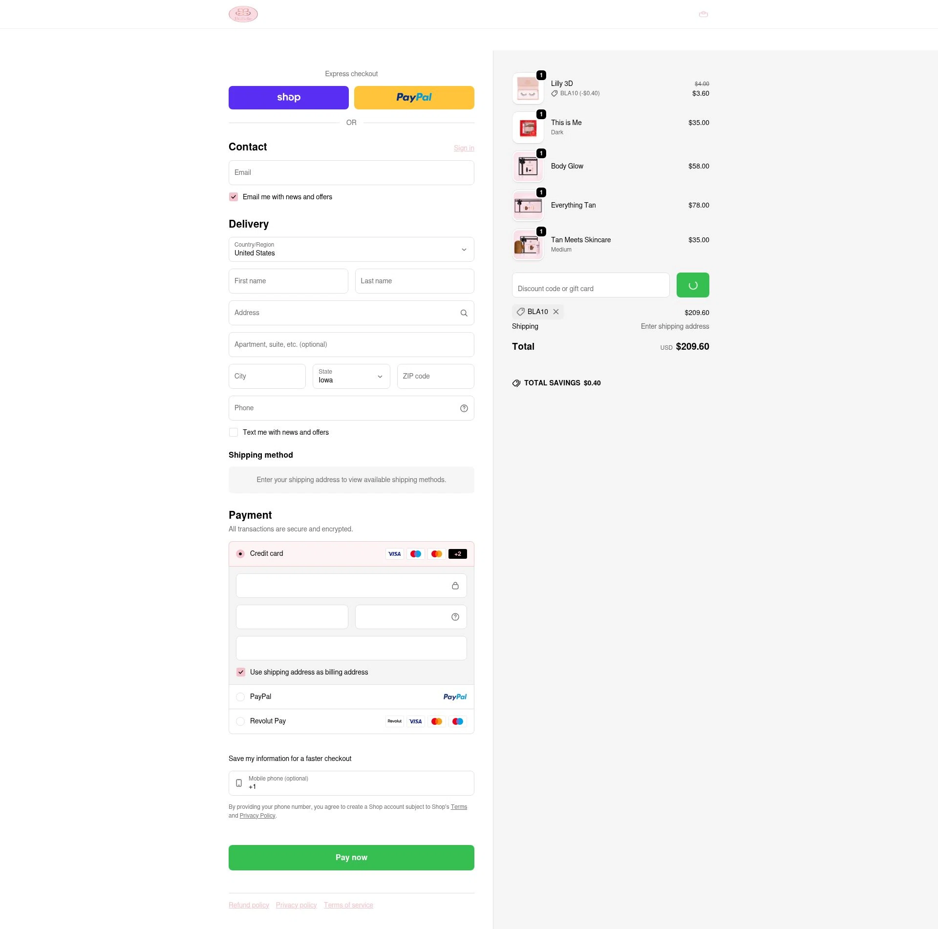 BiaBelle Beauty Cosmetics checkout page showing BiaBelle Beauty Cosmetics promo code box | Screenshot taken by SimplyCodes community member on Feb 9, 2026