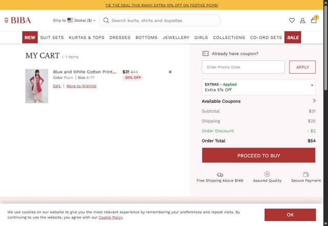 Biba checkout page showing Biba coupon code box | Screenshot taken by SimplyCodes community member on Aug 6, 2025