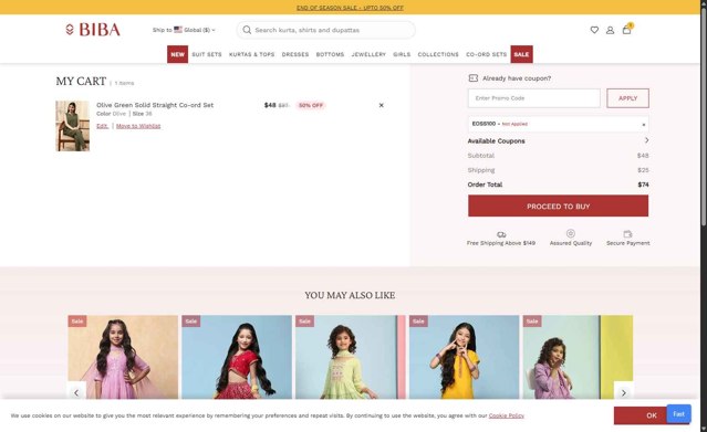 Biba checkout page showing Biba coupon code box | Screenshot taken by SimplyCodes community member on Jun 27, 2025