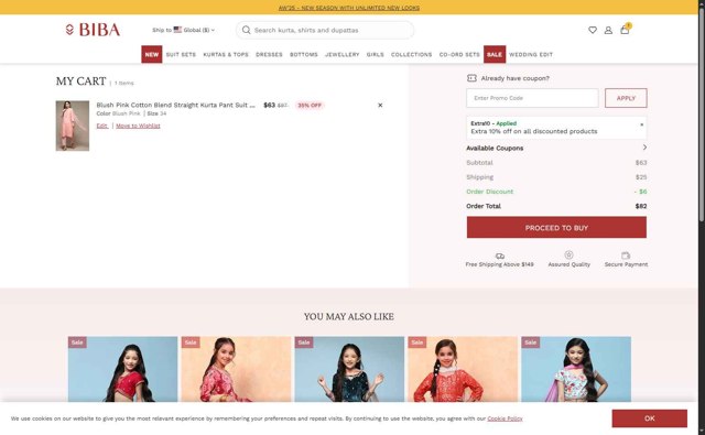 Biba checkout page showing Biba coupon code box | Screenshot taken by SimplyCodes community member on Aug 16, 2025