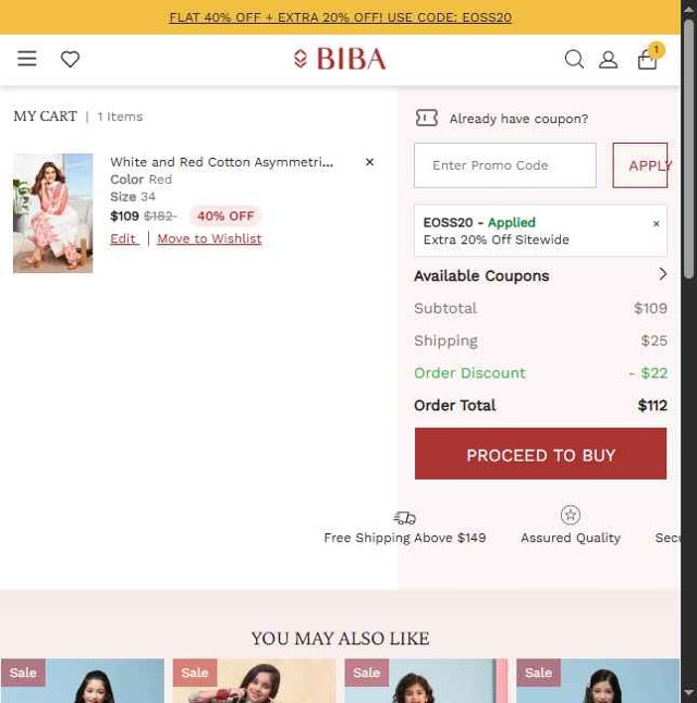 Biba checkout page showing Biba coupon code box | Screenshot taken by SimplyCodes community member on Jul 5, 2025