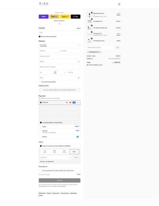 BIBA LOS ANGELES checkout page showing BIBA LOS ANGELES discount code box | Screenshot taken by SimplyCodes community member on Sep 11, 2025