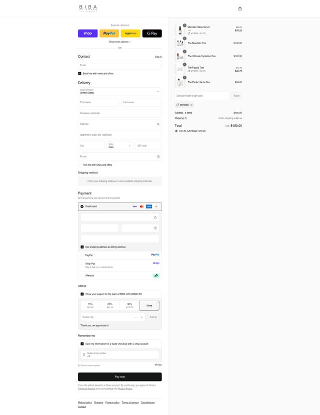 BIBA LOS ANGELES checkout page showing BIBA LOS ANGELES discount code box | Screenshot taken by SimplyCodes community member on Sep 11, 2025
