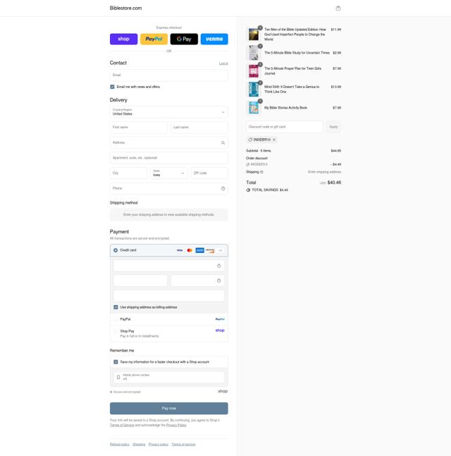 Biblestore.com checkout page showing Biblestore.com discount code box | Screenshot taken by SimplyCodes community member on Aug 31, 2025