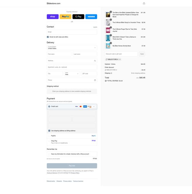 Biblestore.com checkout page showing Biblestore.com discount code box | Screenshot taken by SimplyCodes community member on Sep 4, 2025