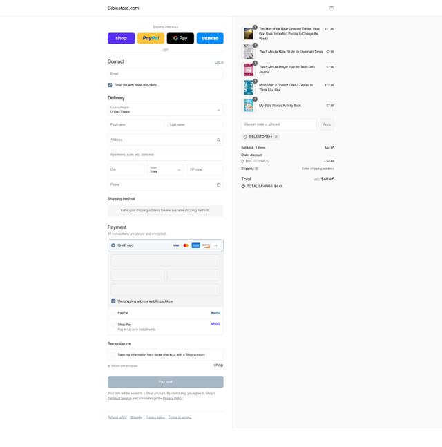 Biblestore.com checkout page showing Biblestore.com discount code box | Screenshot taken by SimplyCodes community member on Sep 8, 2025