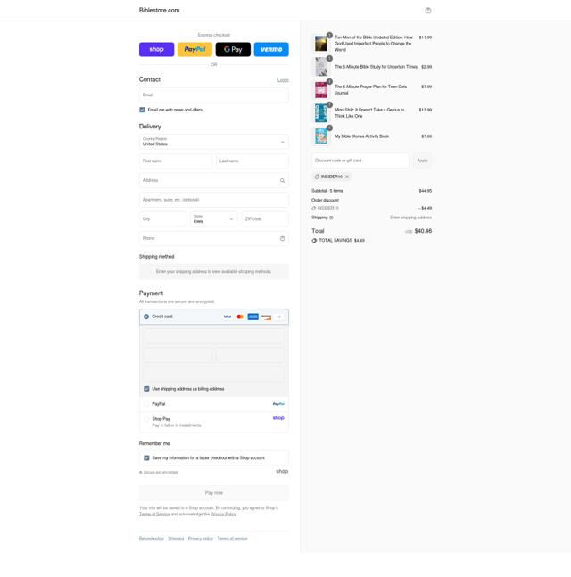 Biblestore.com checkout page showing Biblestore.com discount code box | Screenshot taken by SimplyCodes community member on Sep 8, 2025