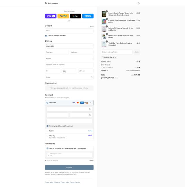 Biblestore.com checkout page showing Biblestore.com discount code box | Screenshot taken by SimplyCodes community member on Aug 27, 2025