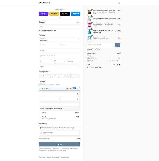 Biblestore.com checkout page showing Biblestore.com discount code box | Screenshot taken by SimplyCodes community member on Sep 12, 2025