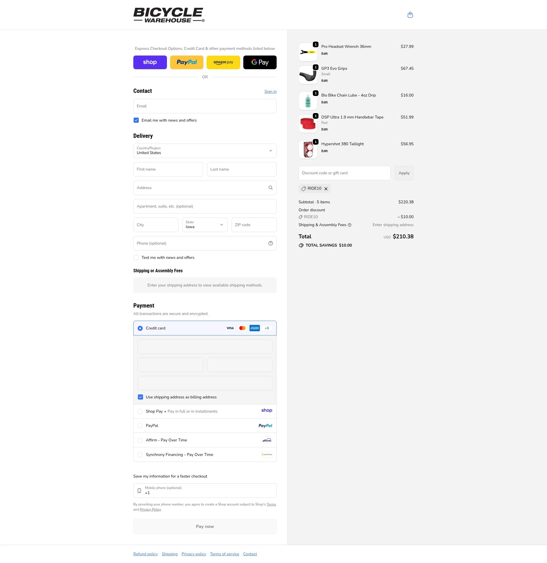 Bicycle Warehouse checkout page showing Bicycle Warehouse discount code box | Screenshot taken by SimplyCodes community member on Jan 9, 2026