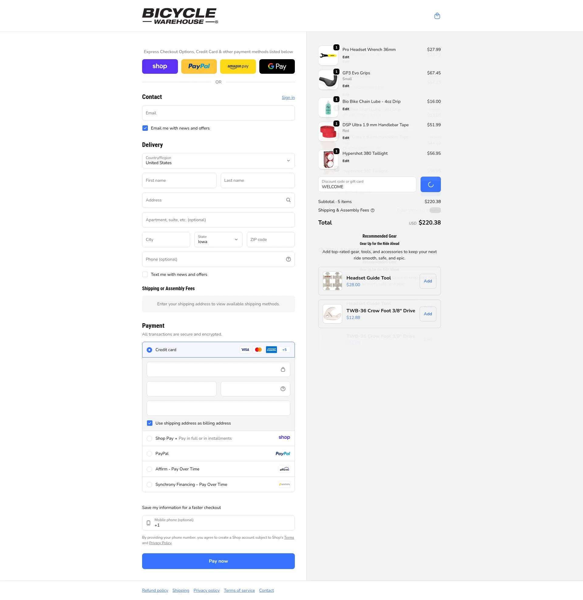 Bicycle Warehouse checkout page showing Bicycle Warehouse discount code box | Screenshot taken by SimplyCodes community member on Jan 9, 2026