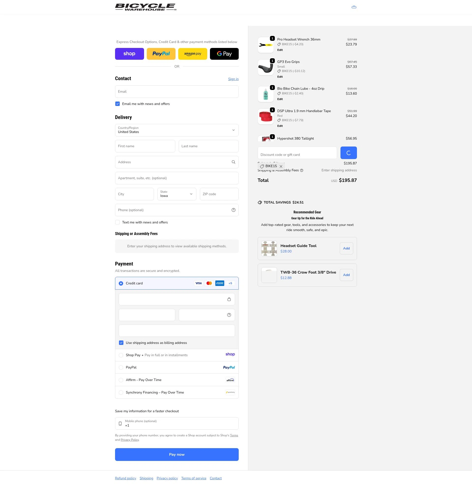 Bicycle Warehouse checkout page showing Bicycle Warehouse discount code box | Screenshot taken by SimplyCodes community member on Jan 9, 2026