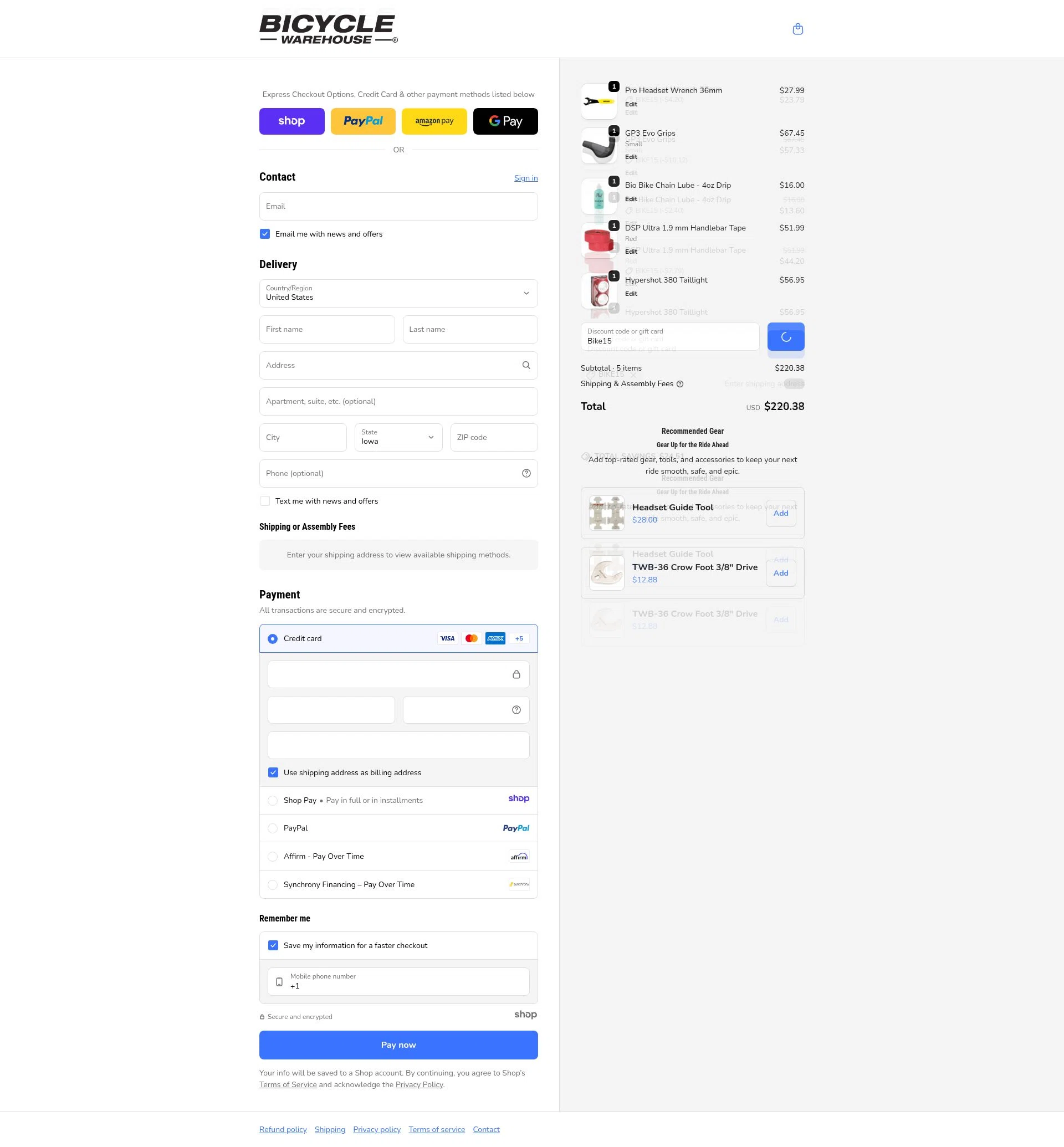 Bicycle Warehouse checkout page showing Bicycle Warehouse discount code box | Screenshot taken by SimplyCodes community member on Jan 3, 2026