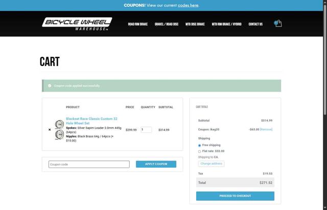 Bicycle Wheel Warehouse checkout page showing Bicycle Wheel Warehouse coupon code box | Screenshot taken by SimplyCodes community member on Aug 18, 2025