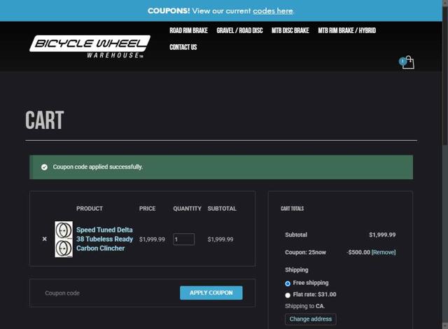 Bicycle Wheel Warehouse checkout page showing Bicycle Wheel Warehouse coupon code box | Screenshot taken by SimplyCodes community member on Aug 2, 2025