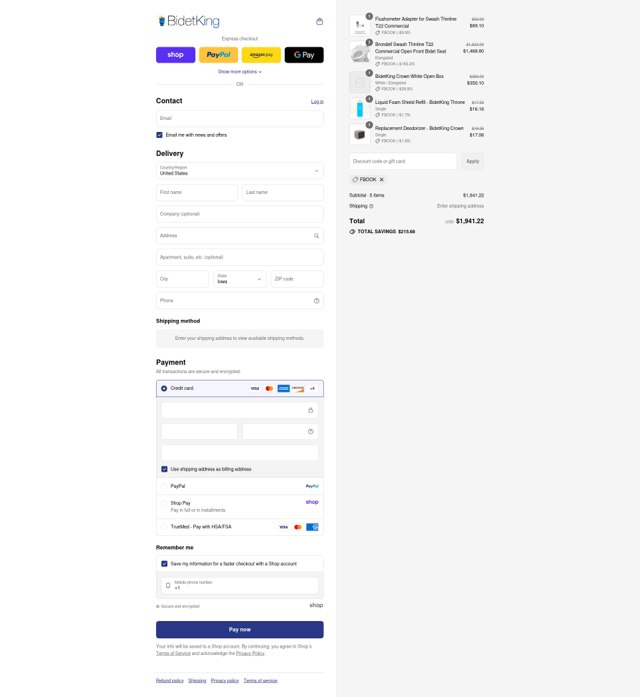 BidetKing.com checkout page showing BidetKing.com discount code box | Screenshot taken by SimplyCodes community member on Sep 7, 2025