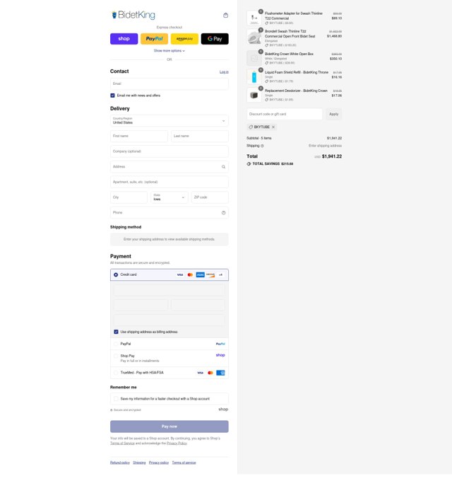 BidetKing.com checkout page showing BidetKing.com discount code box | Screenshot taken by SimplyCodes community member on Sep 7, 2025