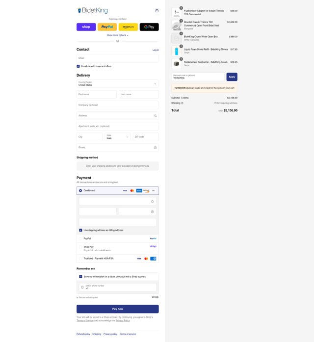 BidetKing.com checkout page showing BidetKing.com discount code box | Screenshot taken by SimplyCodes community member on Sep 7, 2025