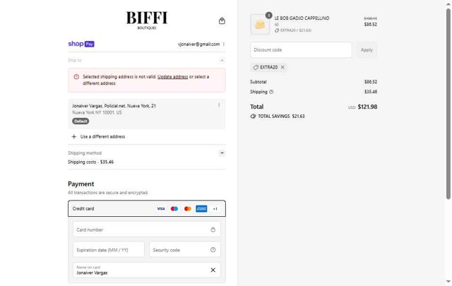 Biffi Boutique checkout page showing Biffi Boutique promo code box | Screenshot taken by SimplyCodes community member on Aug 2, 2025