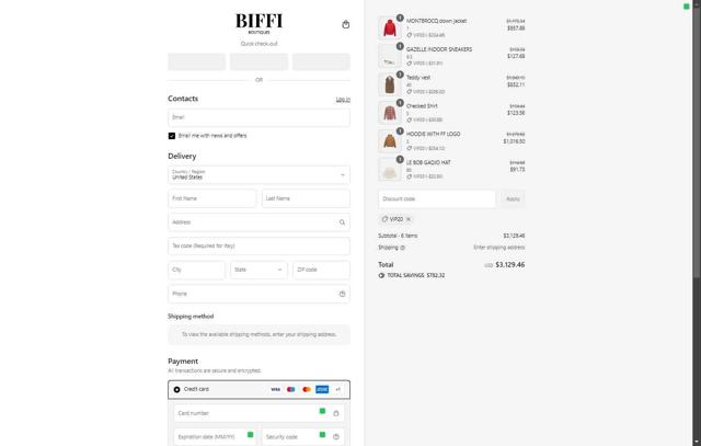 Biffi Boutique checkout page showing Biffi Boutique promo code box | Screenshot taken by SimplyCodes community member on Sep 6, 2025