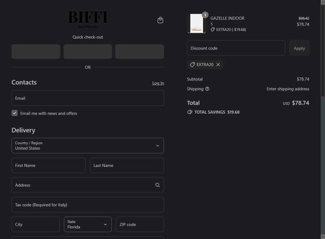 Biffi Boutique checkout page showing Biffi Boutique promo code box | Screenshot taken by SimplyCodes community member on Sep 14, 2025
