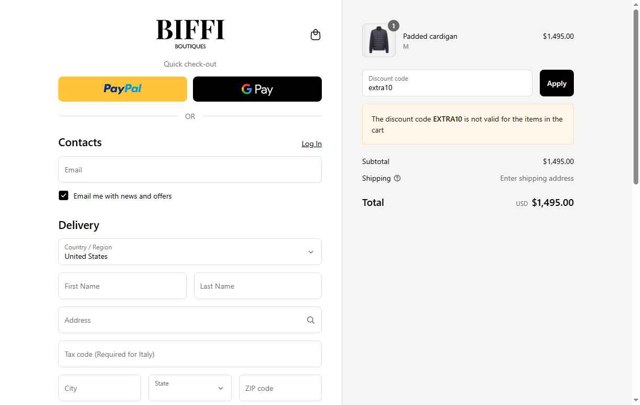 Biffi Boutique checkout page showing Biffi Boutique promo code box | Screenshot taken by SimplyCodes community member on Jul 21, 2025