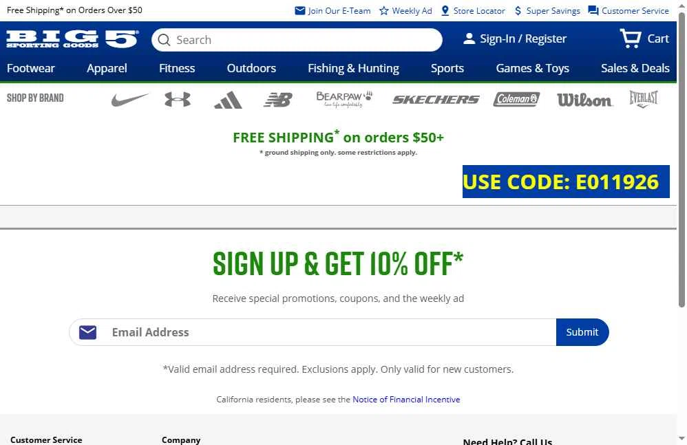 Big 5 Sporting Goods checkout page showing Big 5 Sporting Goods promo code box | Screenshot taken by SimplyCodes community member on Jan 30, 2026