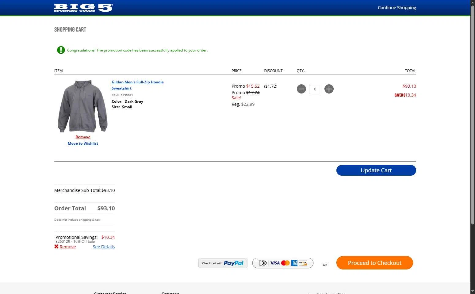 Big 5 Sporting Goods checkout page showing Big 5 Sporting Goods promo code box | Screenshot taken by SimplyCodes community member on Jan 29, 2026