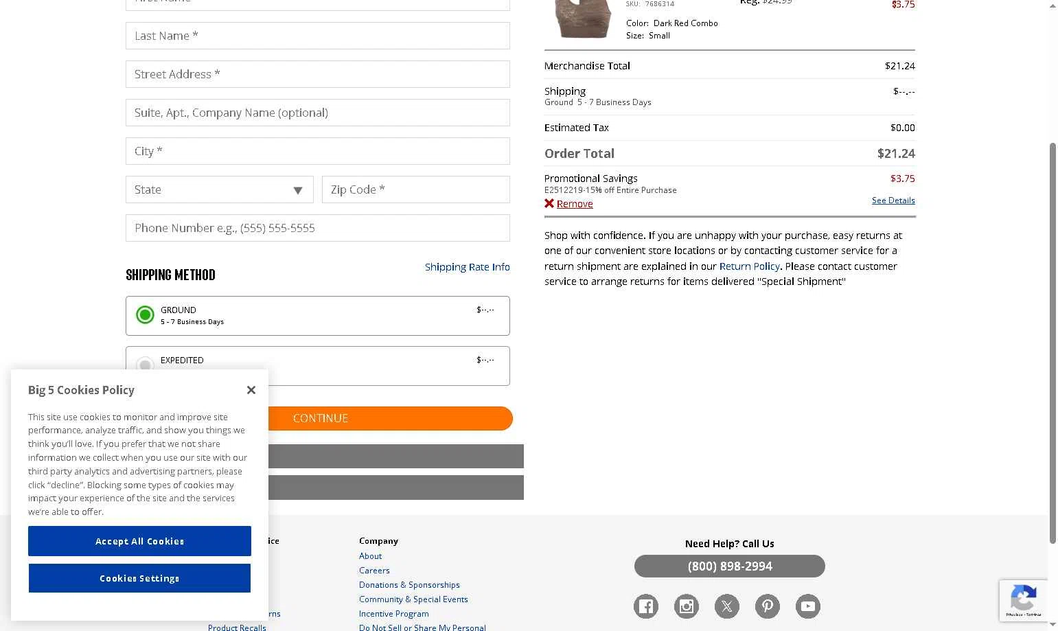 Big 5 Sporting Goods checkout page showing Big 5 Sporting Goods promo code box | Screenshot taken by SimplyCodes community member on Dec 21, 2025
