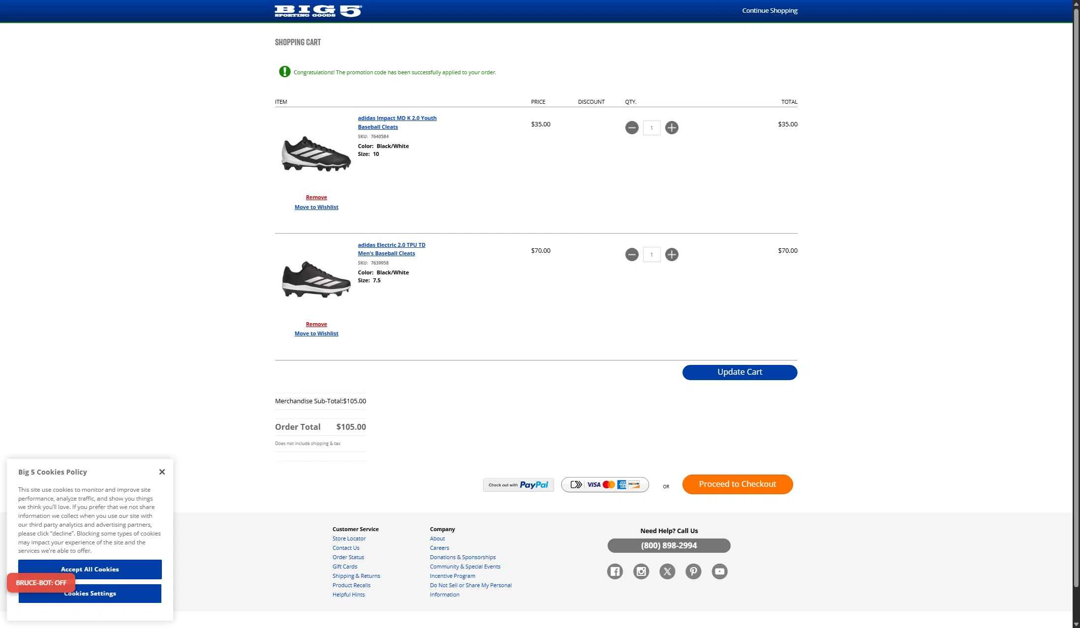 Big 5 Sporting Goods checkout page showing Big 5 Sporting Goods promo code box | Screenshot taken by SimplyCodes community member on Jan 8, 2026