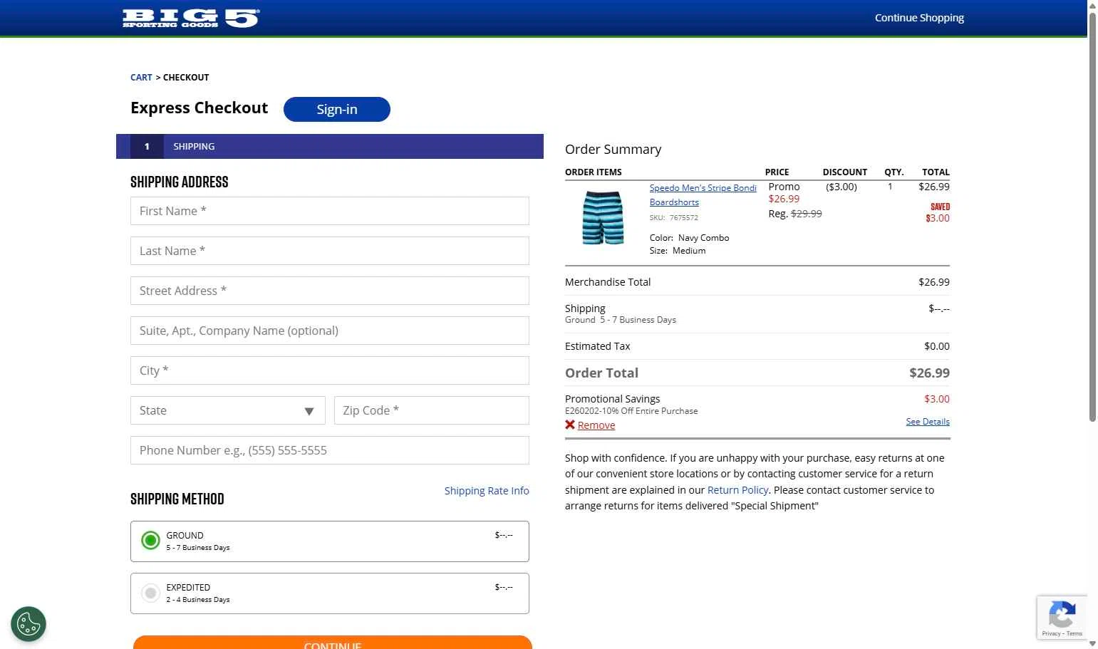 Big 5 Sporting Goods checkout page showing Big 5 Sporting Goods promo code box | Screenshot taken by SimplyCodes community member on Feb 2, 2026