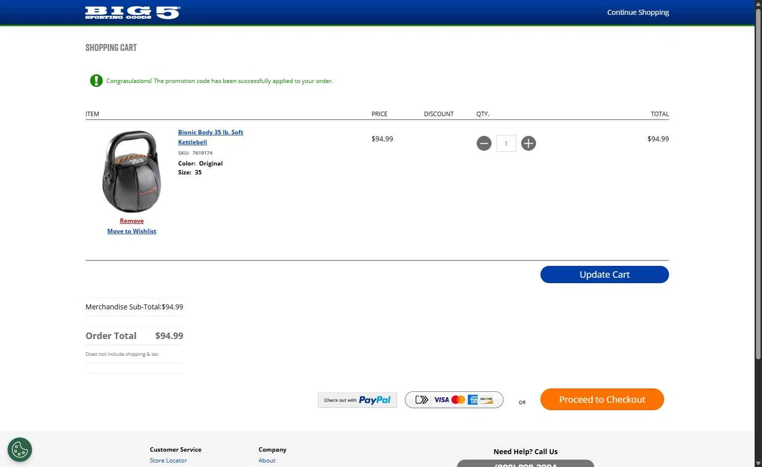 Big 5 Sporting Goods checkout page showing Big 5 Sporting Goods promo code box | Screenshot taken by SimplyCodes community member on Jan 29, 2026